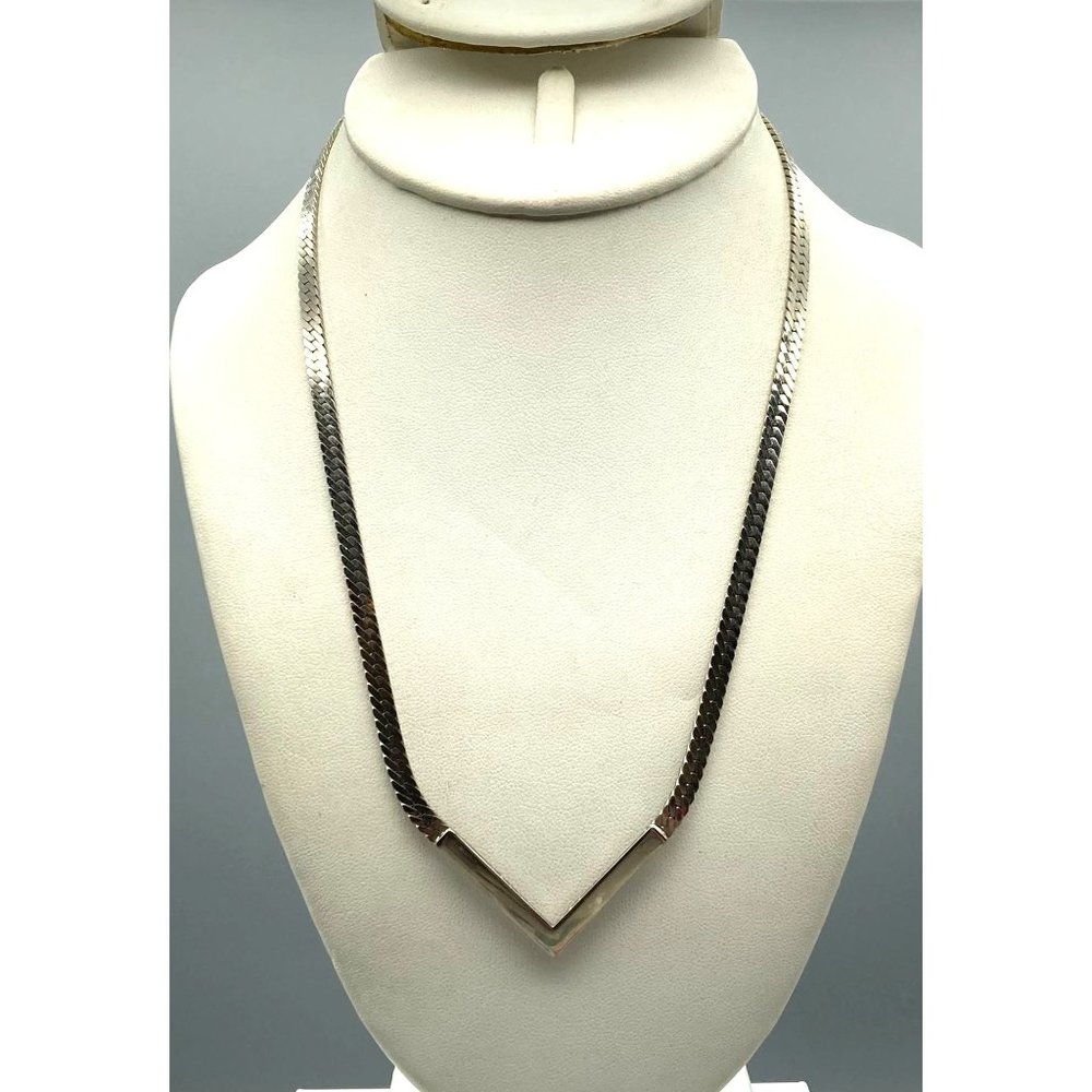 Vintage Avon Silver Tone V Necklace, Herringbone Chain Reversible Chevron Collar
